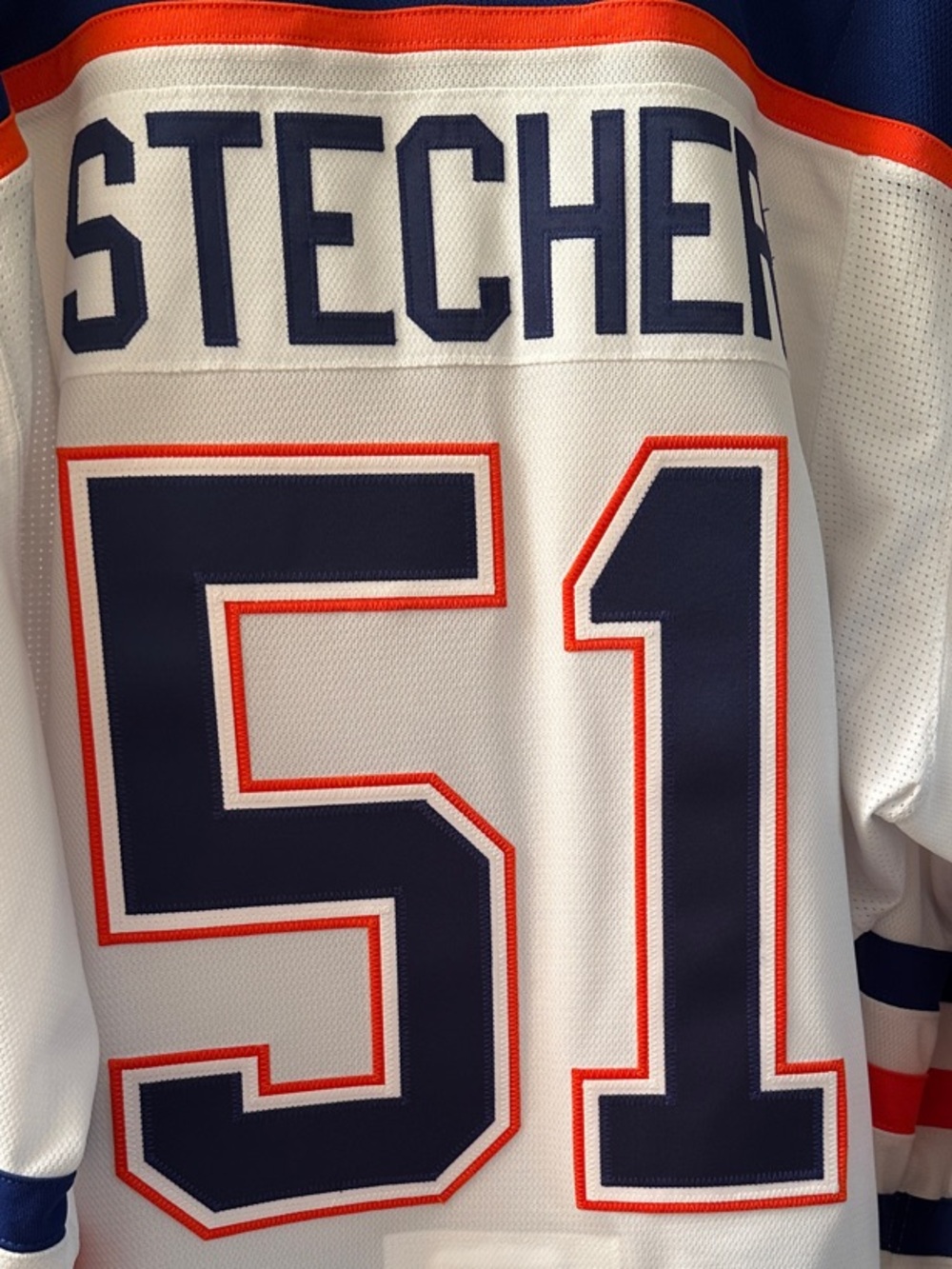 Troy Stecher #51 Edmonton Oilers official game issued Hockey Jersey